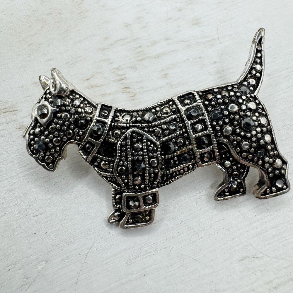 Scotty Dog Scottish Terrier Brooch Pin Silver Tone Marcasite Rhinestone 1 3/4” B